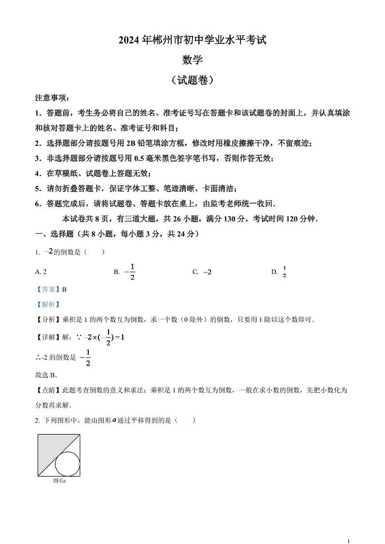 2024年湖南省郴州市中考数学模拟试题（解析版）第1页