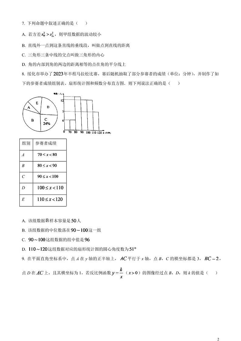 2024年黑龙江省绥化市中考数学模拟试题（原卷版）第2页