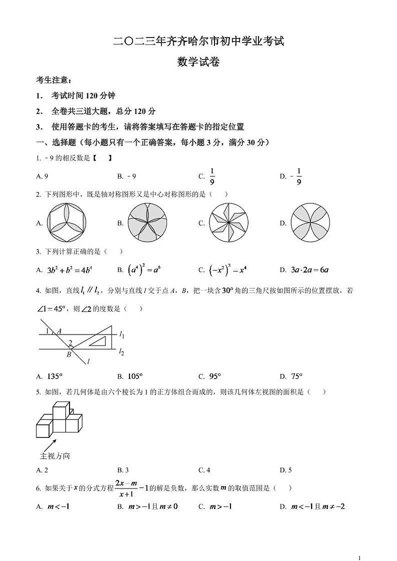 2024年黑龙江省齐齐哈尔市中考数学模拟试题（原卷版）第1页