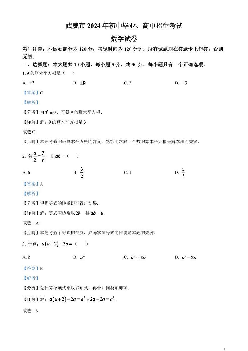 2024年甘肃省武威市中考数学模拟试题（解析版）第1页