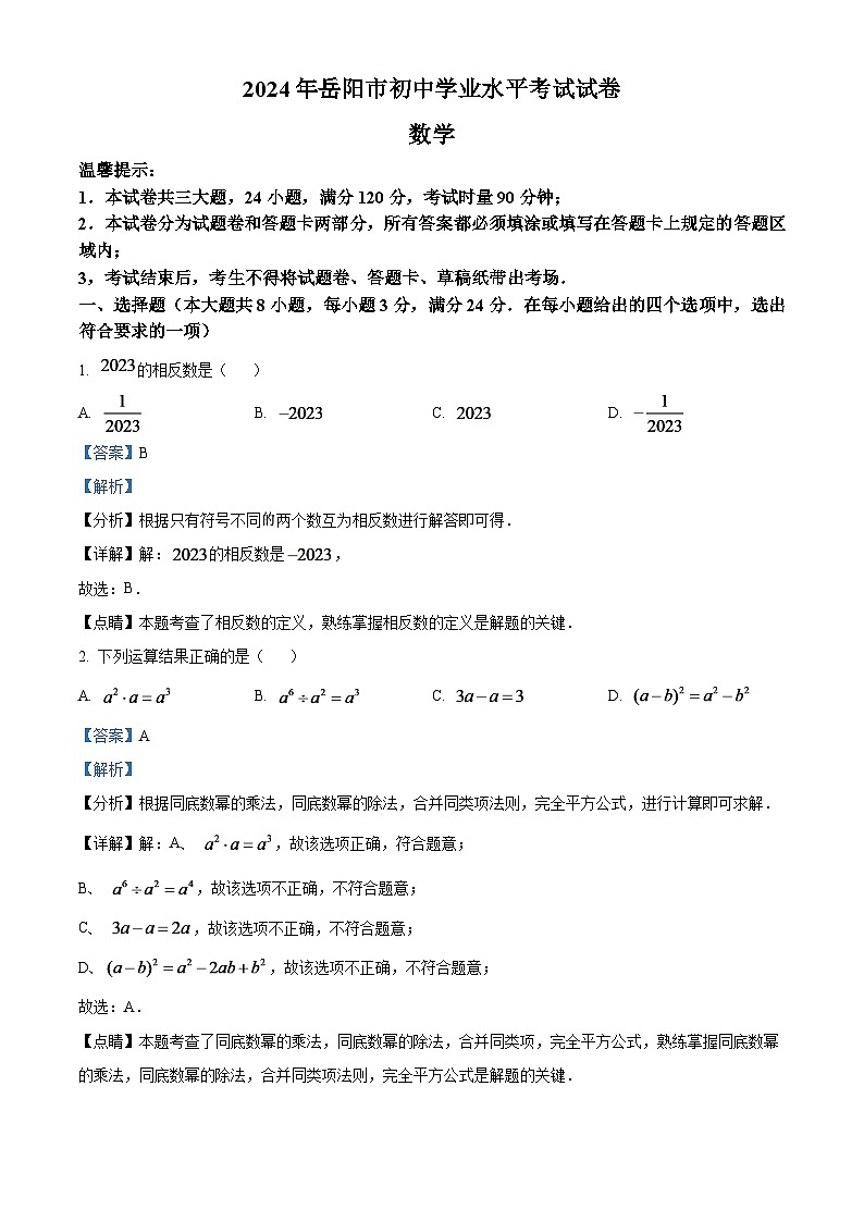 2024年湖南省岳阳市中考数学模拟试题（解析版）第1页