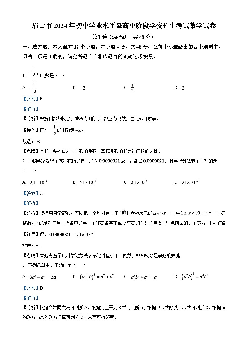 2024年四川省眉山市中考数学模拟试题（解析版）第1页