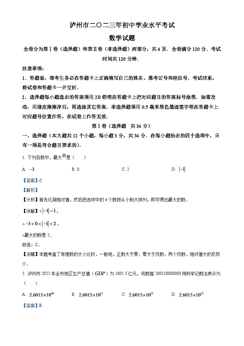 2024年四川省泸州市中考数学模拟试题（解析版）第1页