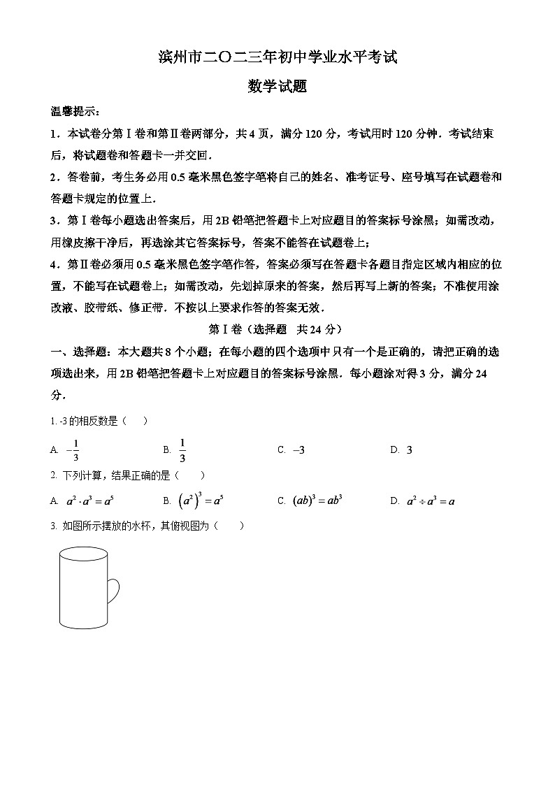 2024年山东省滨州市中考数学模拟试题（原卷版）第1页