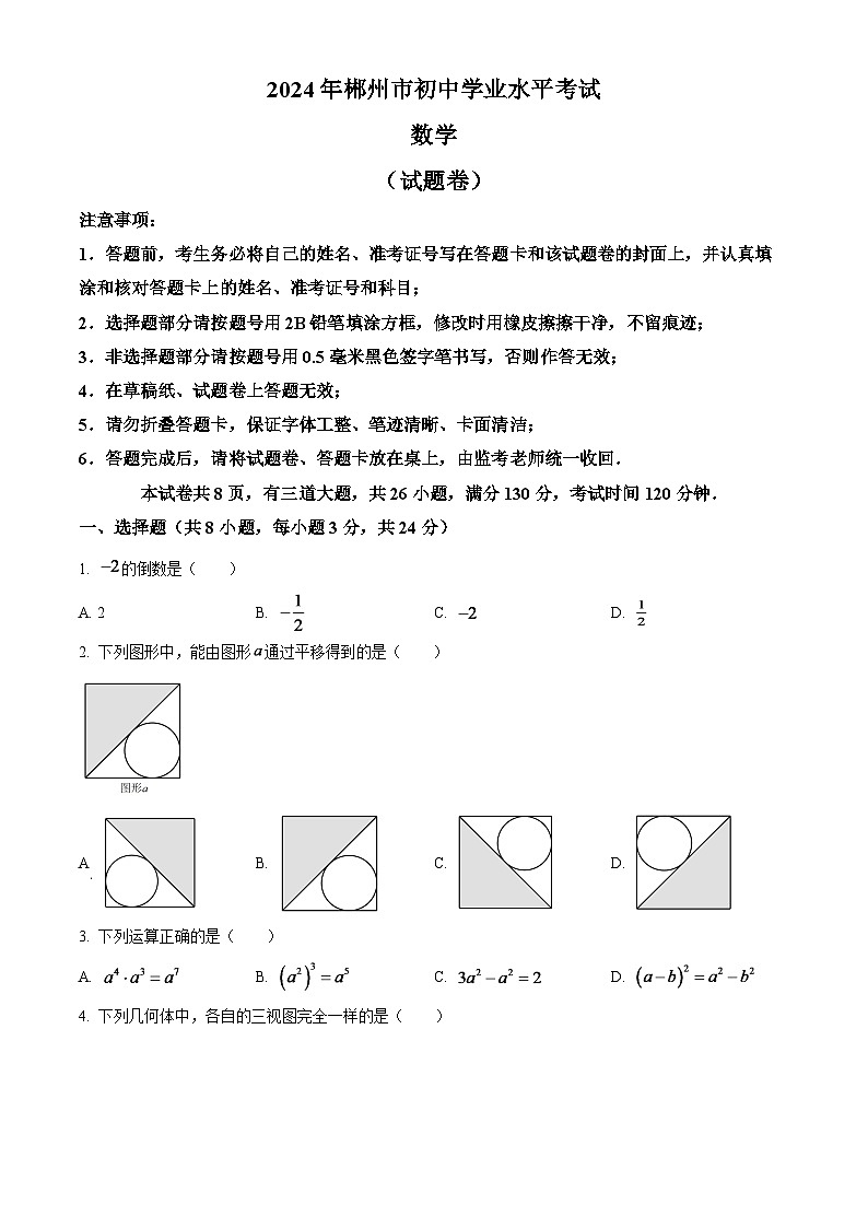 2024年湖南省郴州市中考数学模拟试题（原卷版）第1页