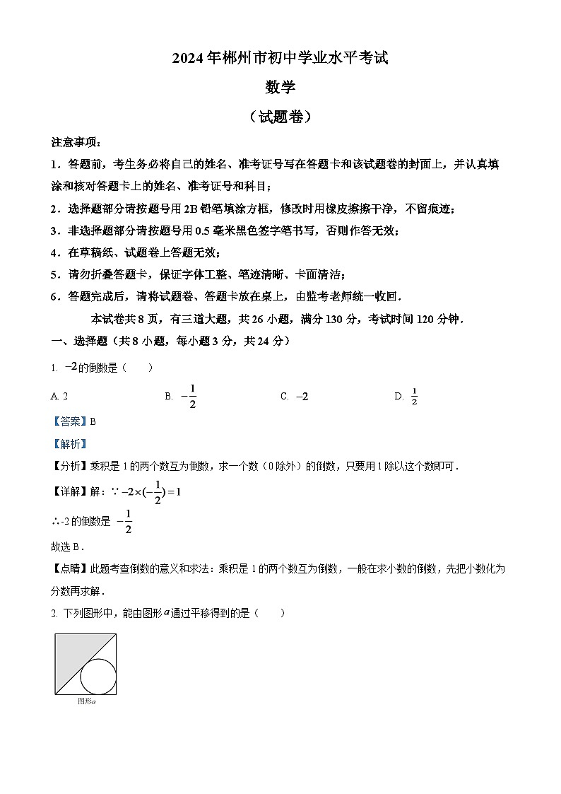 2024年湖南省郴州市中考数学模拟试题（解析版）第1页