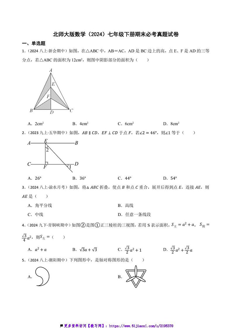 北师大版数学(2024)七年级下册期末必考真题试卷(含答案)第1页