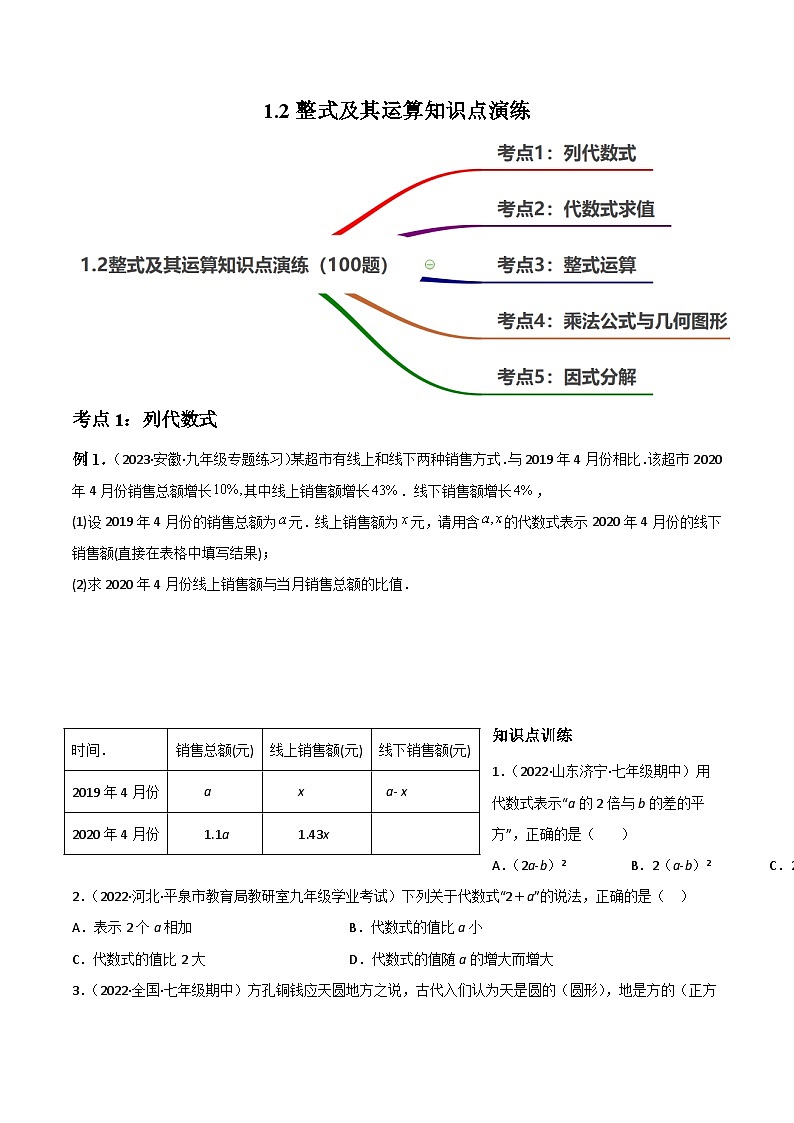 中考数学一轮复习过关练1.2整式及其运算知识点演练（讲练）（原卷版）第1页