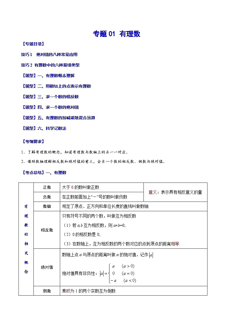 中考数学一轮复习考点题型归纳+分层训练专题01 有理数(解析版)第1页