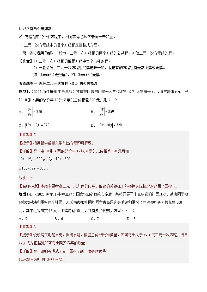 中考数学一轮复习知识点梳理+题型训练专题09 二元一次方程组（解析版）第2页