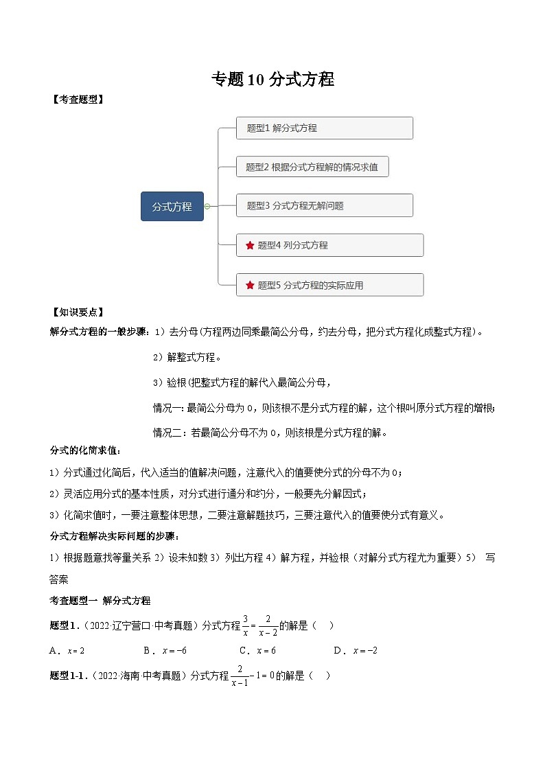 中考数学一轮复习知识点梳理+题型训练专题10 分式方程（原卷版）第1页