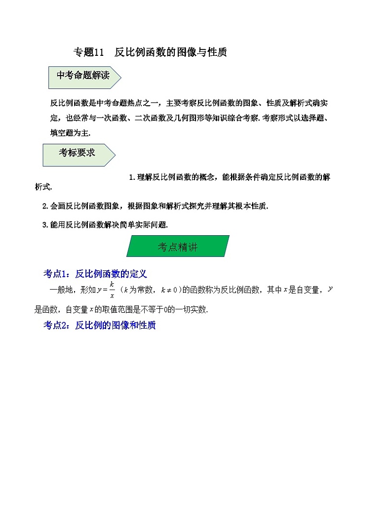 中考数学一轮复习知识梳理+考点精讲专题11 反比例函数的图像与性质（原卷版）第1页