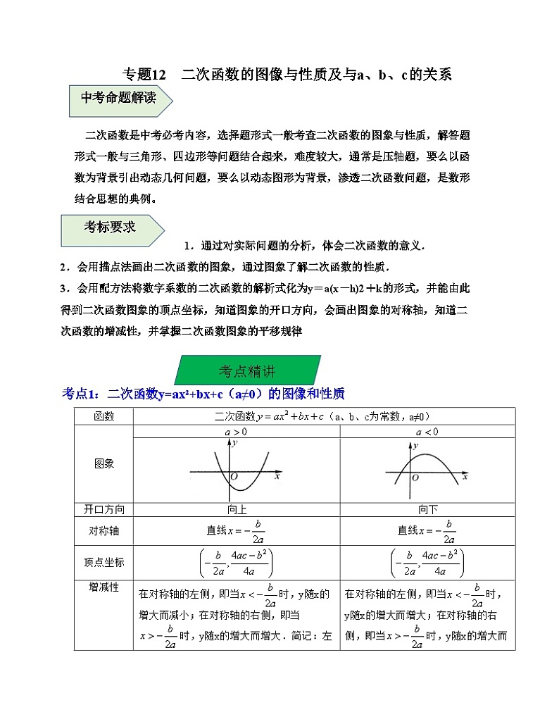 中考数学一轮复习知识梳理+考点精讲专题12 二次函数的图像与性质及与a、b、c的关系（原卷版）第1页