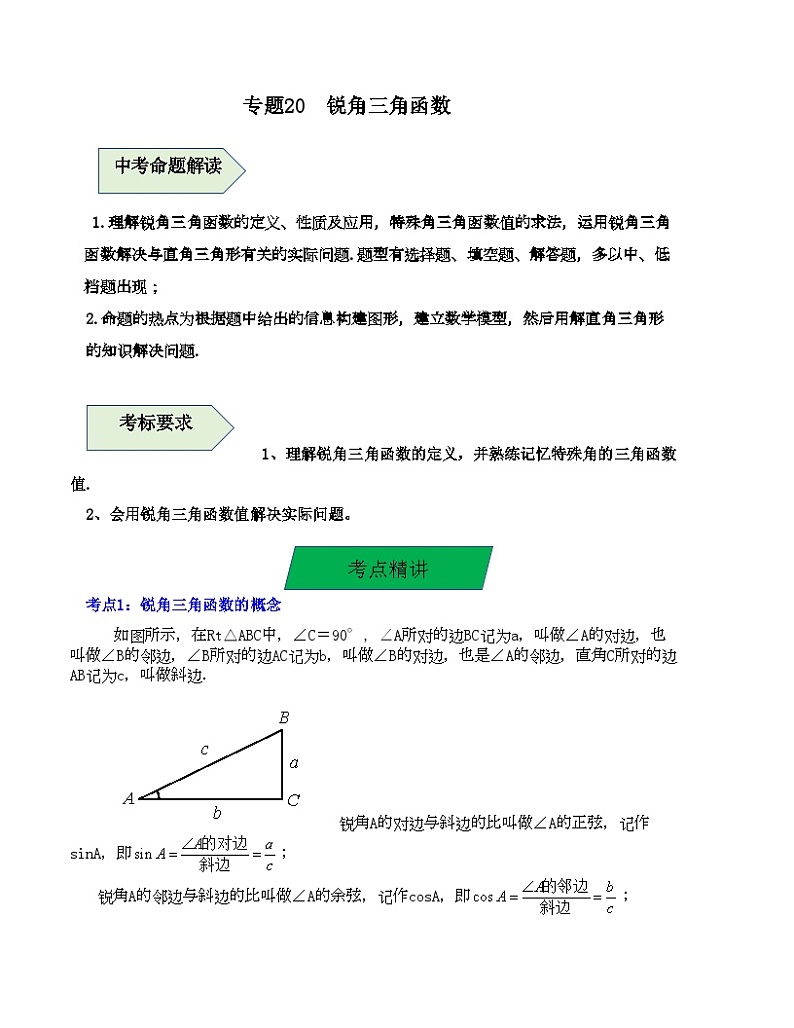中考数学一轮复习知识梳理+考点精讲专题20 锐角三角函数（原卷版）第1页