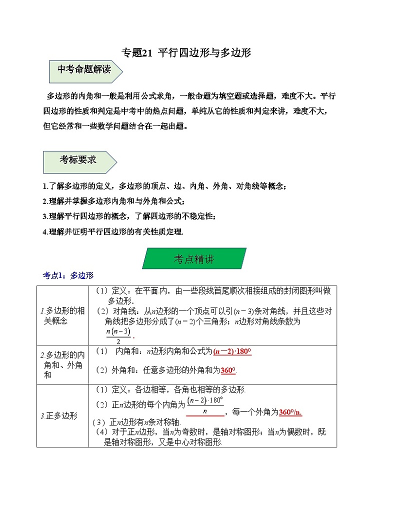 中考数学一轮复习知识梳理+考点精讲专题21 平行四边形与多边形（解析版）第1页