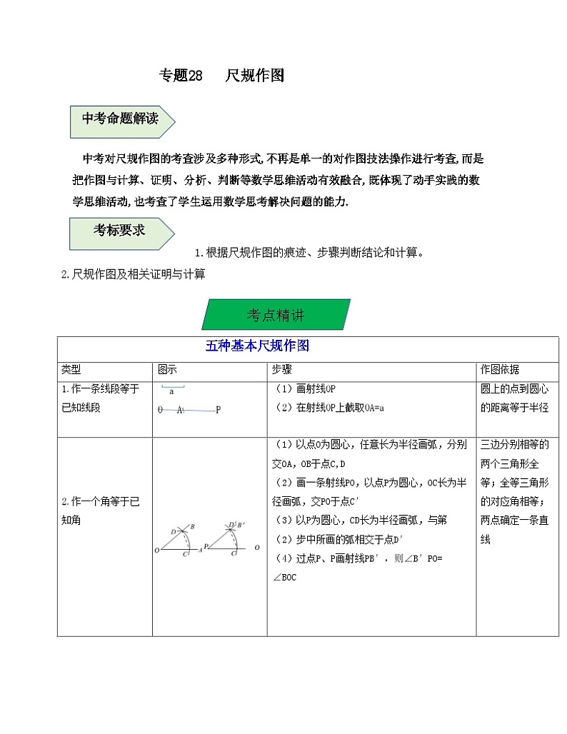 中考数学一轮复习知识梳理+考点精讲专题28 尺规作图（原卷版）第1页