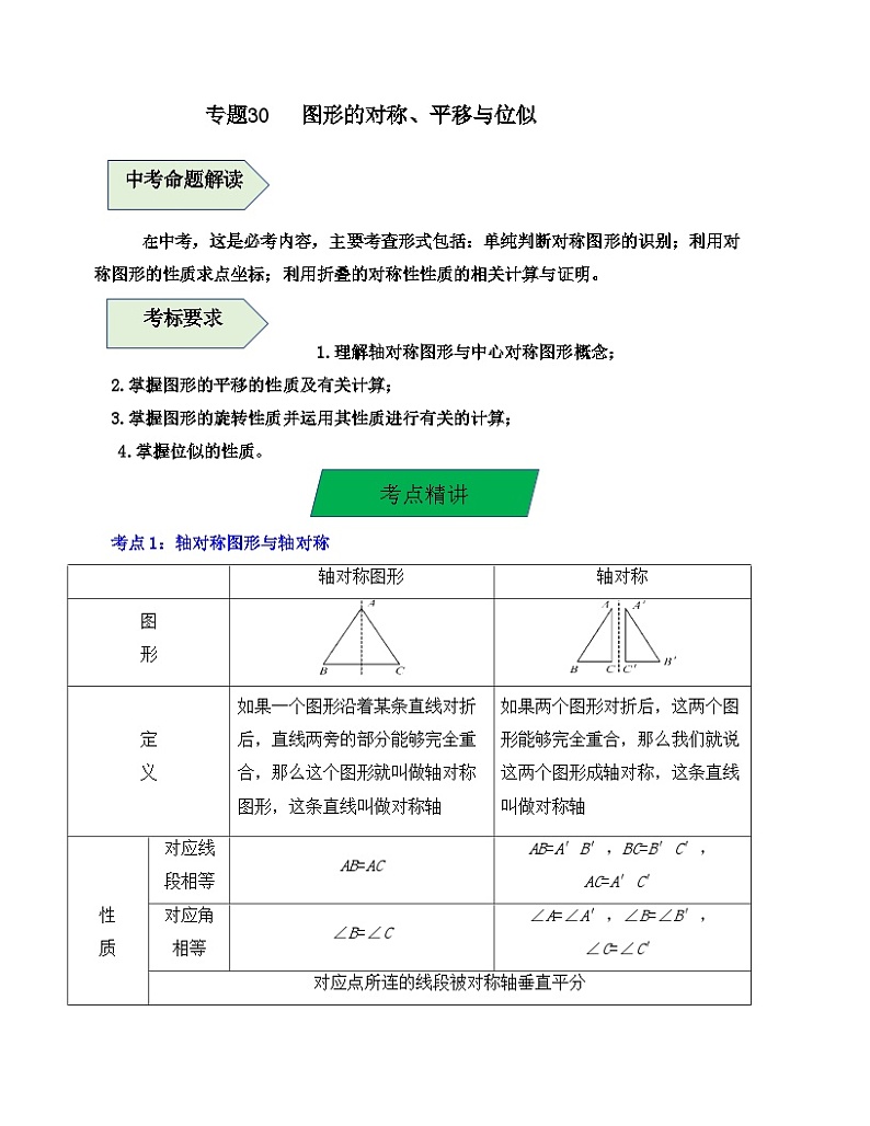 中考数学一轮复习知识梳理+考点精讲专题30 图形的对称、平移与位似（原卷版）第1页