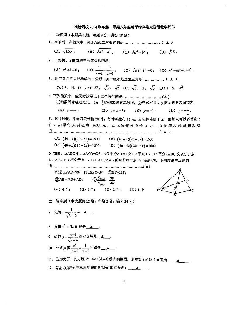 +上海市实验西校2024-2025学年八年级上学期数学期末试卷第1页