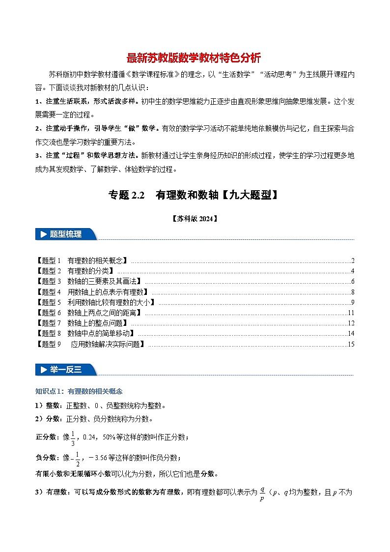 专题2.2 有理数和数轴【九大题型】-最新苏教版七年级上册数学精讲精练（解析版）第1页