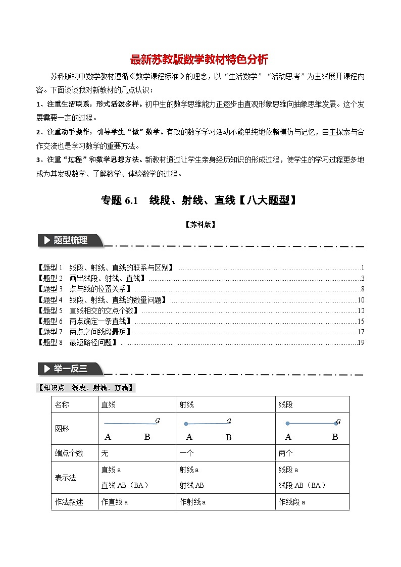 专题6.1 线段、射线、直线【八大题型】-最新苏教版七年级上册数学精讲精练（教师版）第1页
