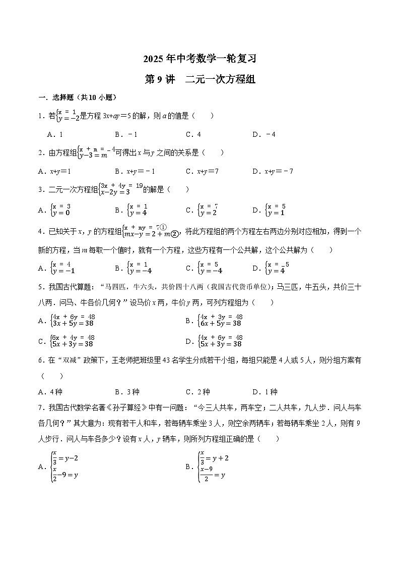 2025年中考数学一轮复习 第9讲  二元一次方程组（专项训练+考点梳理）第1页