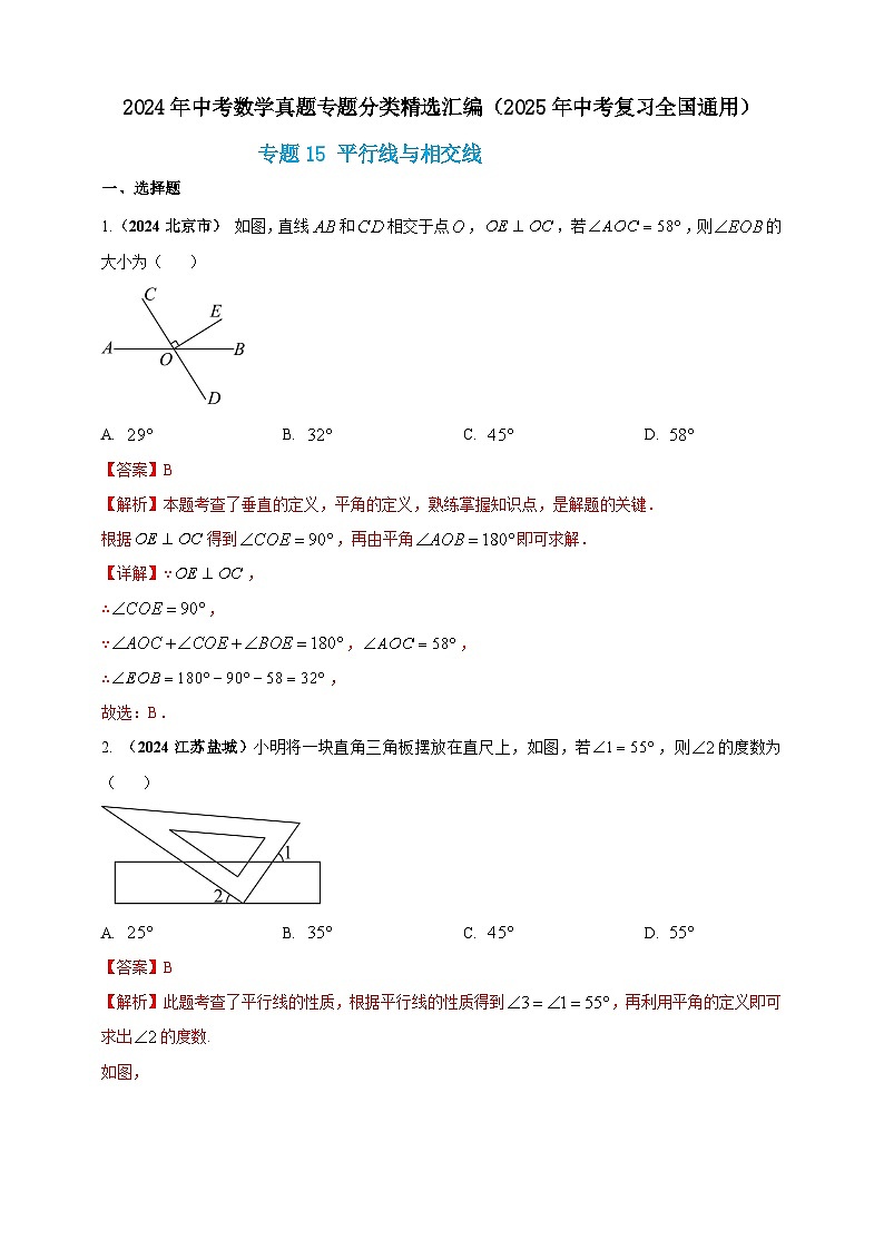 【备战2025年中考】一轮复习 初中数学 真题分项汇编 专题15 平行线与相交线（解析版）第1页