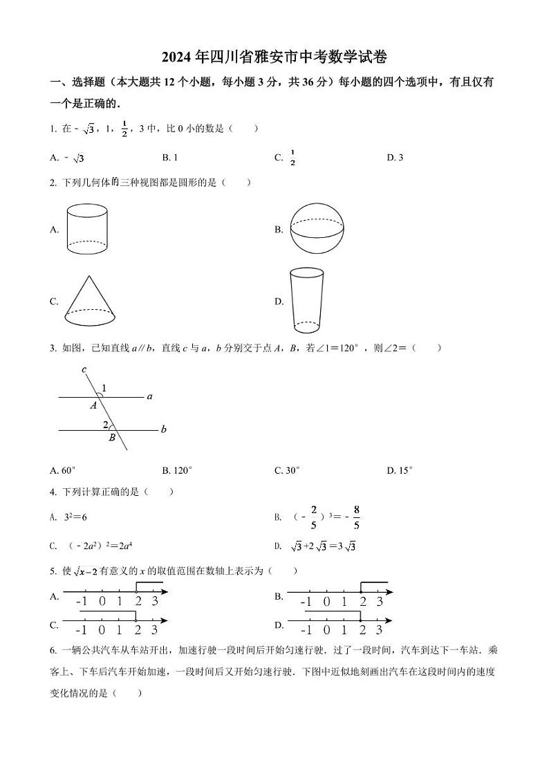 2024年四川省雅安市中考数学模拟试卷（原卷版）第1页