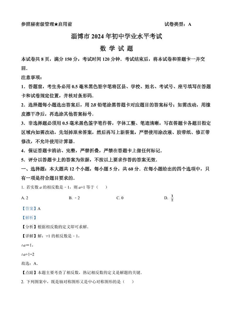 2024年山东省淄博市中考数学模拟试卷（解析版）第1页