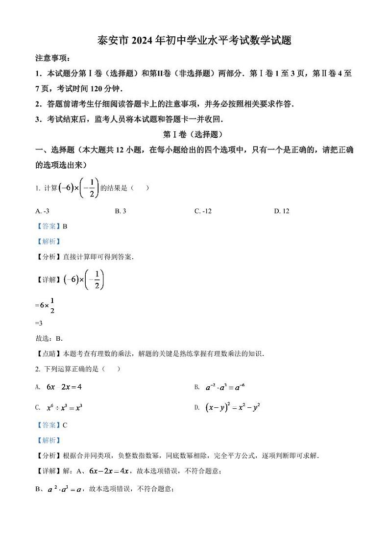 2024年山东省泰安市中考数学模拟试卷 （解析版）第1页