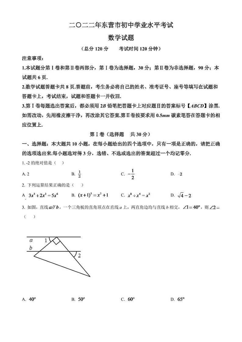 2024年山东省东营市中考数学模拟试卷（原卷版）第1页
