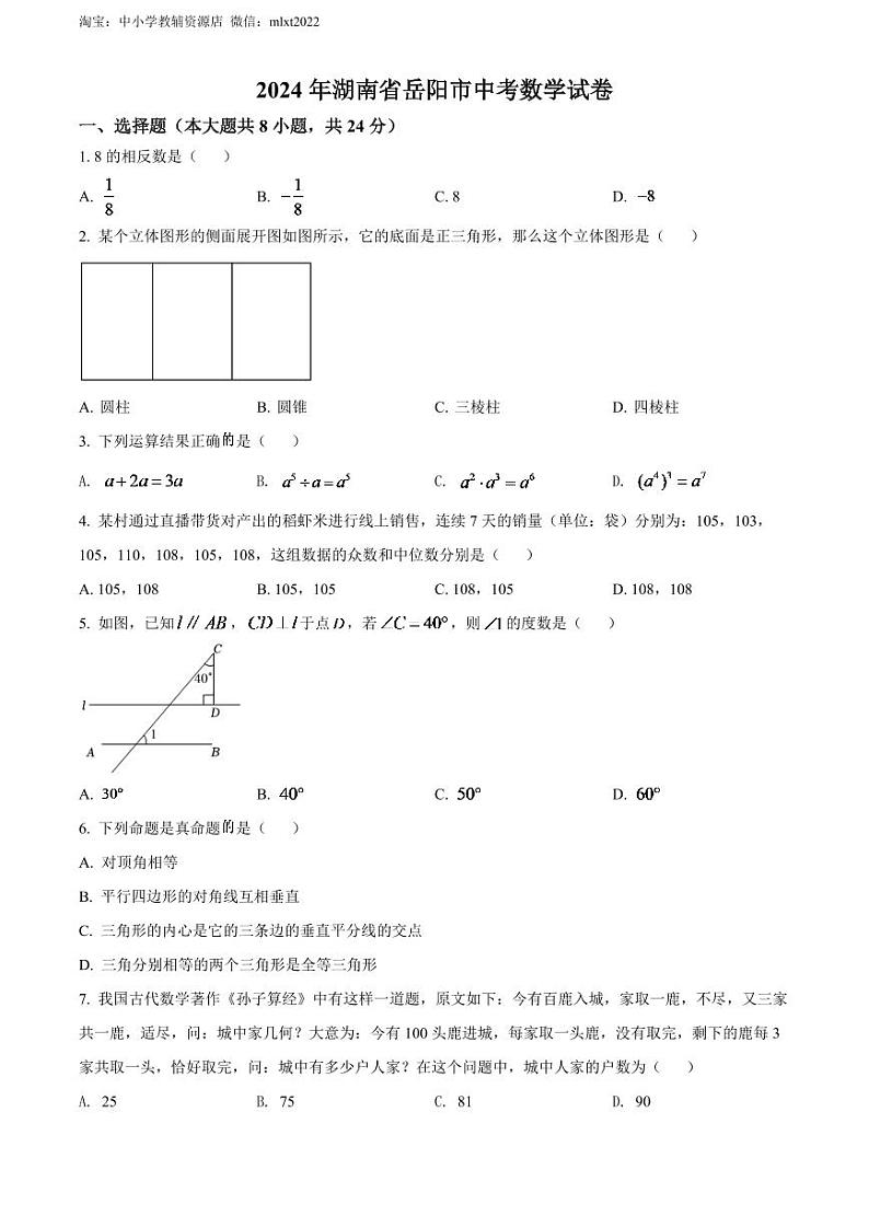 2024年湖南省岳阳市中考数学模拟试卷（原卷版）第1页