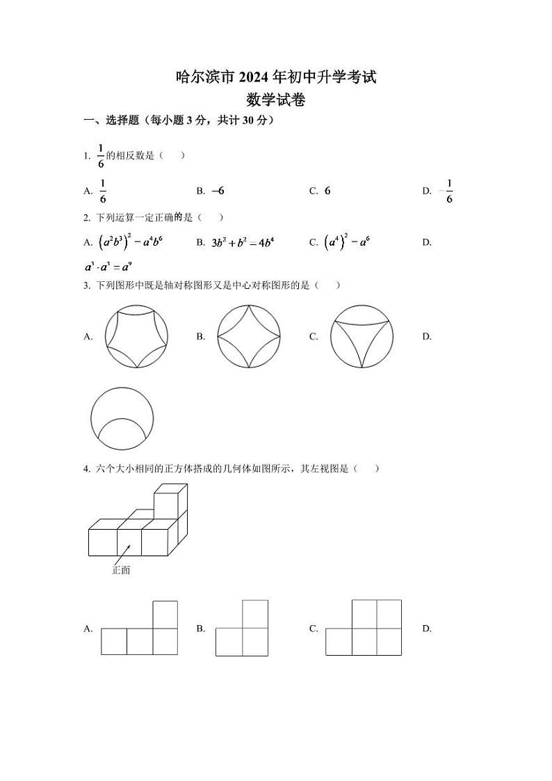 2024年黑龙江省哈尔滨市中考数学模拟试卷（原卷版）第1页