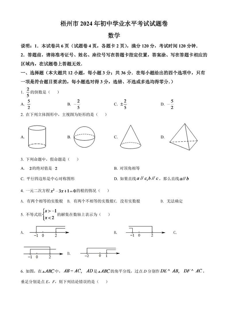 2024年广西梧州市中考数学模拟试卷（原卷版）第1页