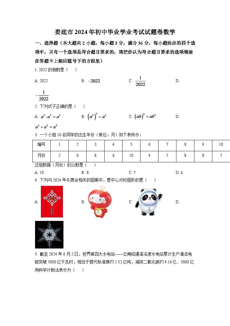 2024年湖南省娄底市中考数学模拟试卷（原卷版）第1页