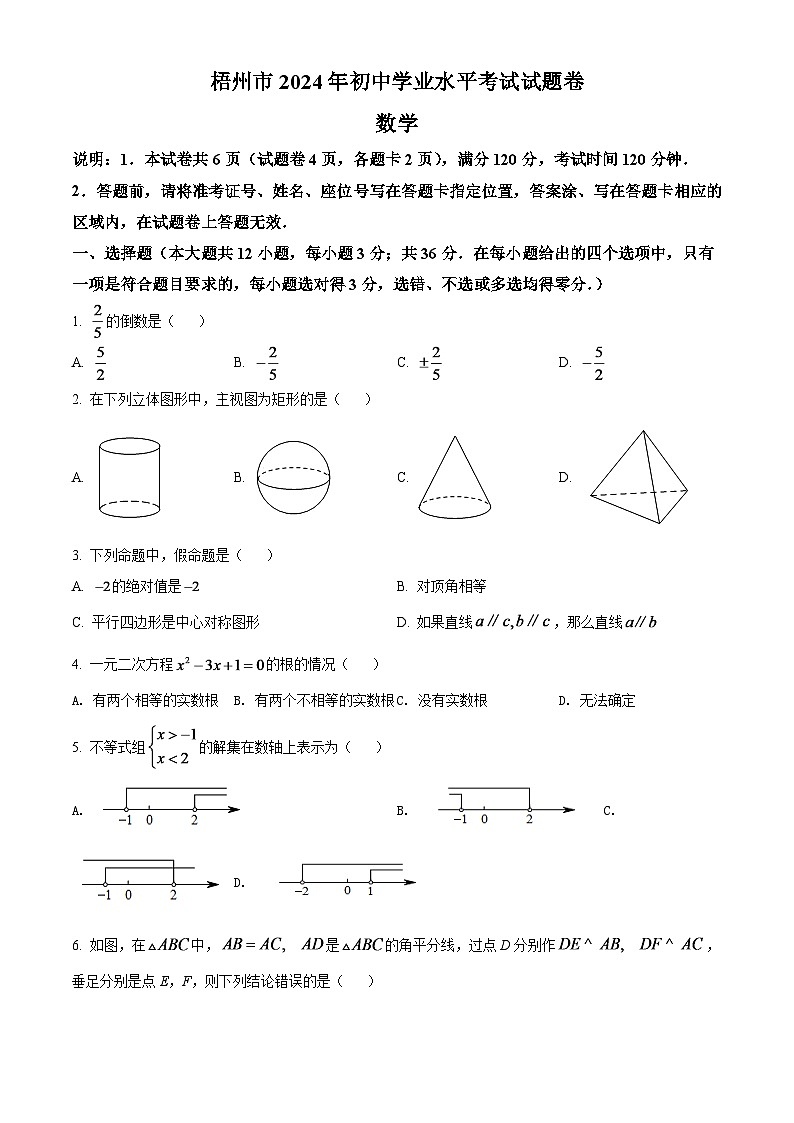 2024年广西梧州市中考数学模拟试卷（原卷版）第1页
