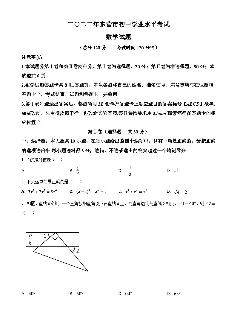 2024年山东省东营市中考数学模拟试卷（原卷版）第1页