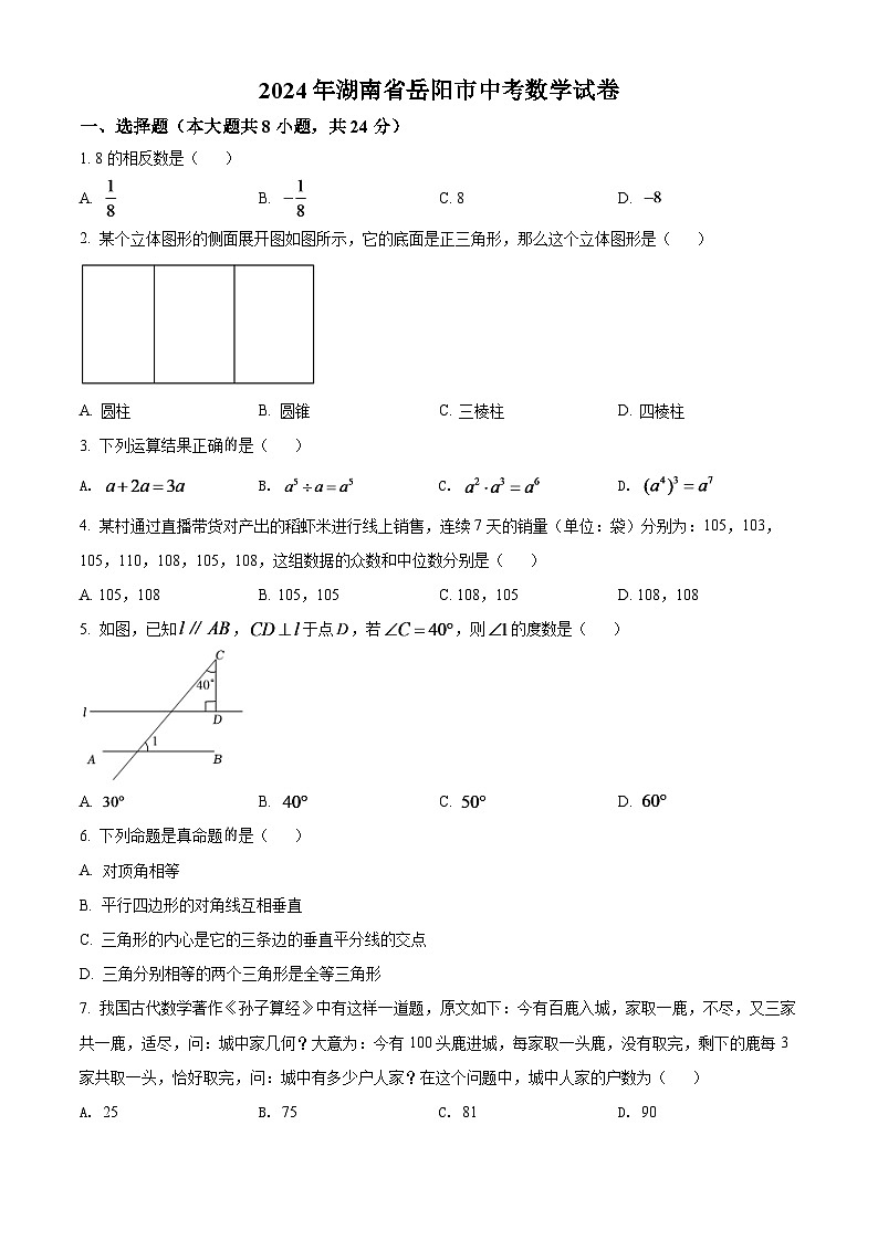 2024年湖南省岳阳市中考数学模拟试卷（原卷版）第1页