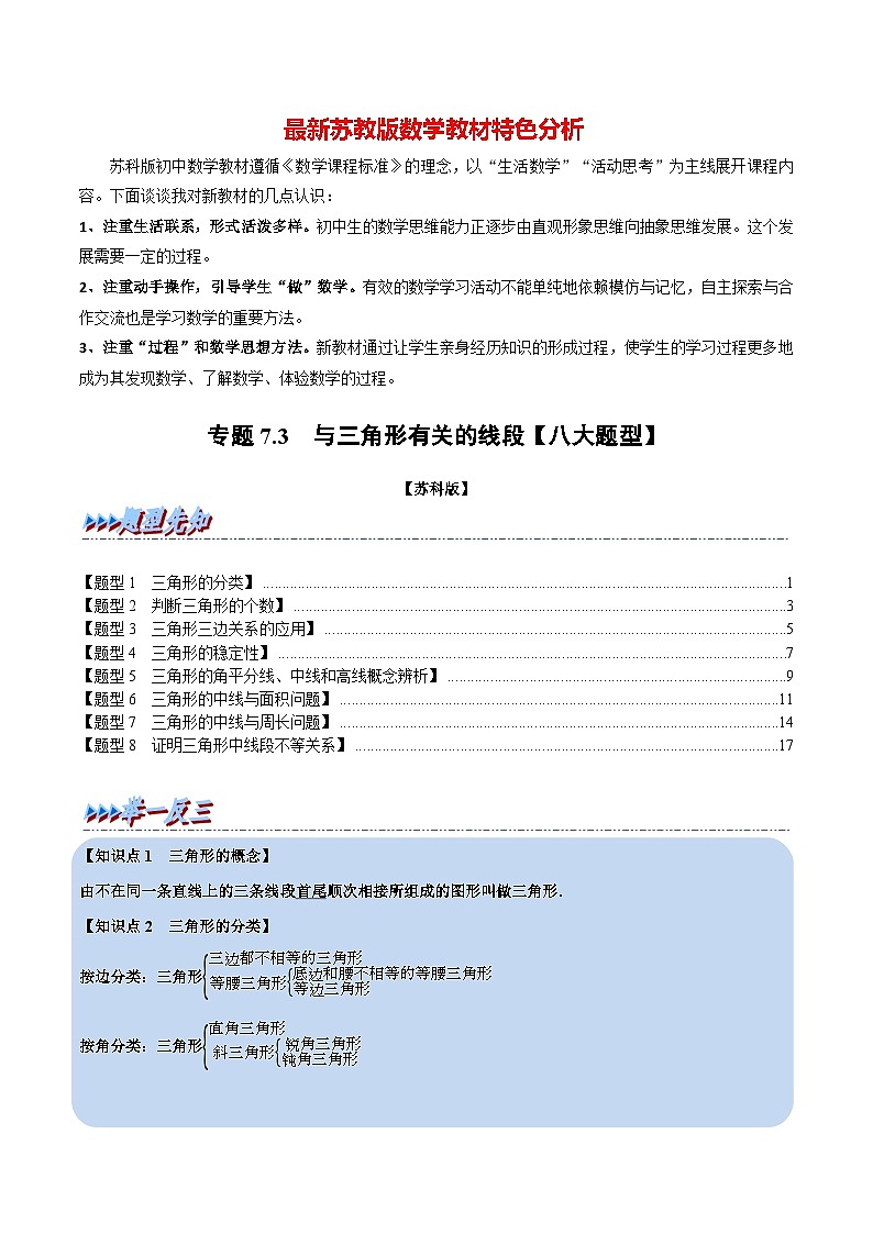 专题7.3 与三角形有关的线段【八大题型】-最新苏教版七年级下册数学精讲精练（教师版）第1页