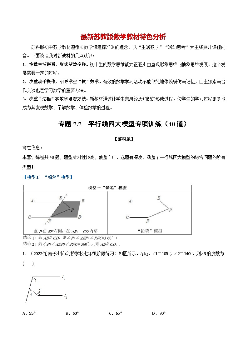 专题7.7 平行线四大模型专项训练（40道）-最新苏教版七年级下册数学精讲精练（教师版）第1页