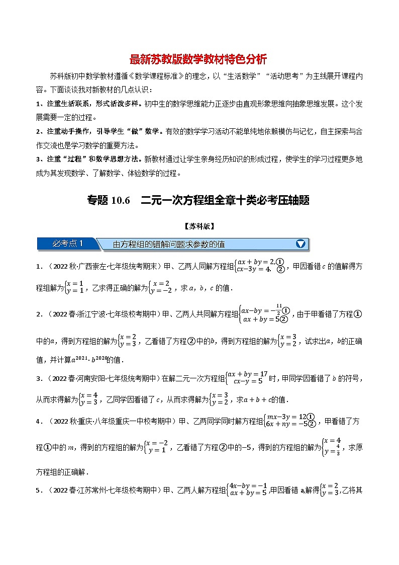 专题10.6 二元一次方程组全章十类必考压轴题-最新苏教版七年级下册数学精讲精练（学生版）第1页