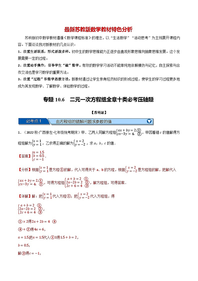 专题10.6 二元一次方程组全章十类必考压轴题-最新苏教版七年级下册数学精讲精练（教师版）第1页