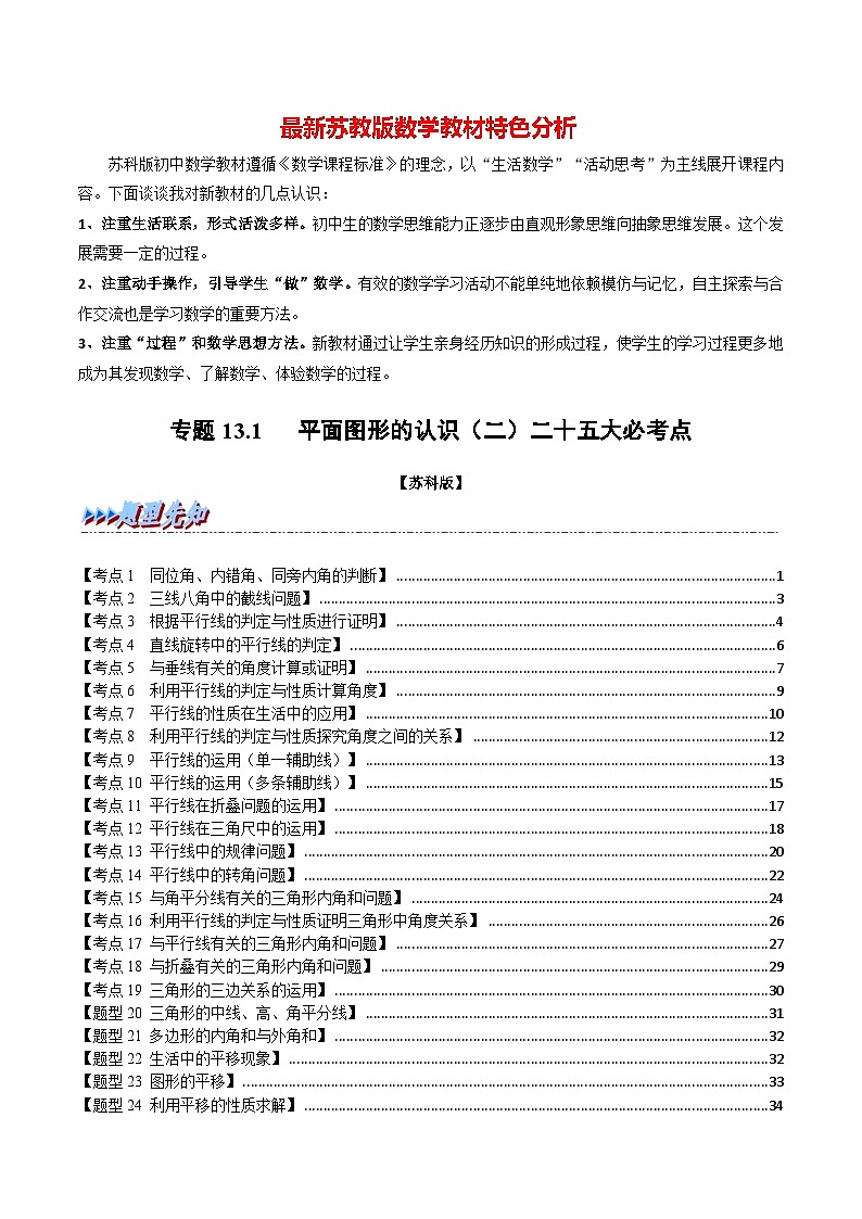 专题13.1 期中期末专项复习之平面图形的认识（二）二十五大必考点-最新苏教版七年级下册数学精讲精练（学生版）第1页