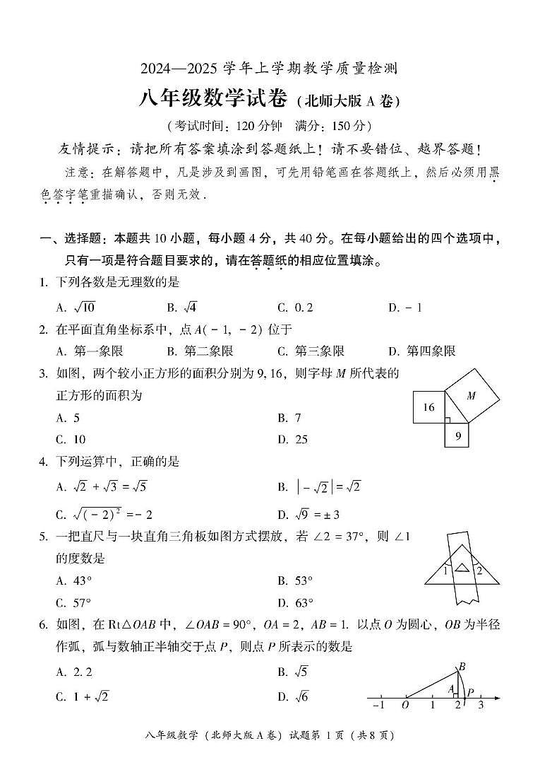 福建省漳州市2024—2025学年八年级上学期期末教学质量检测数学北师大版A卷第1页