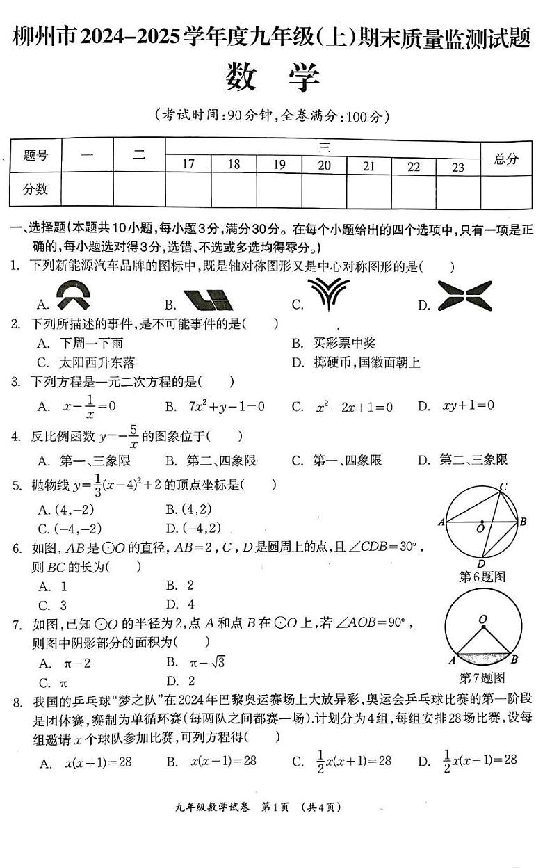 柳州市2024-2025学年度上学期期末质量监测九年级数学卷（PDF版含答案） 九年级数学第1页