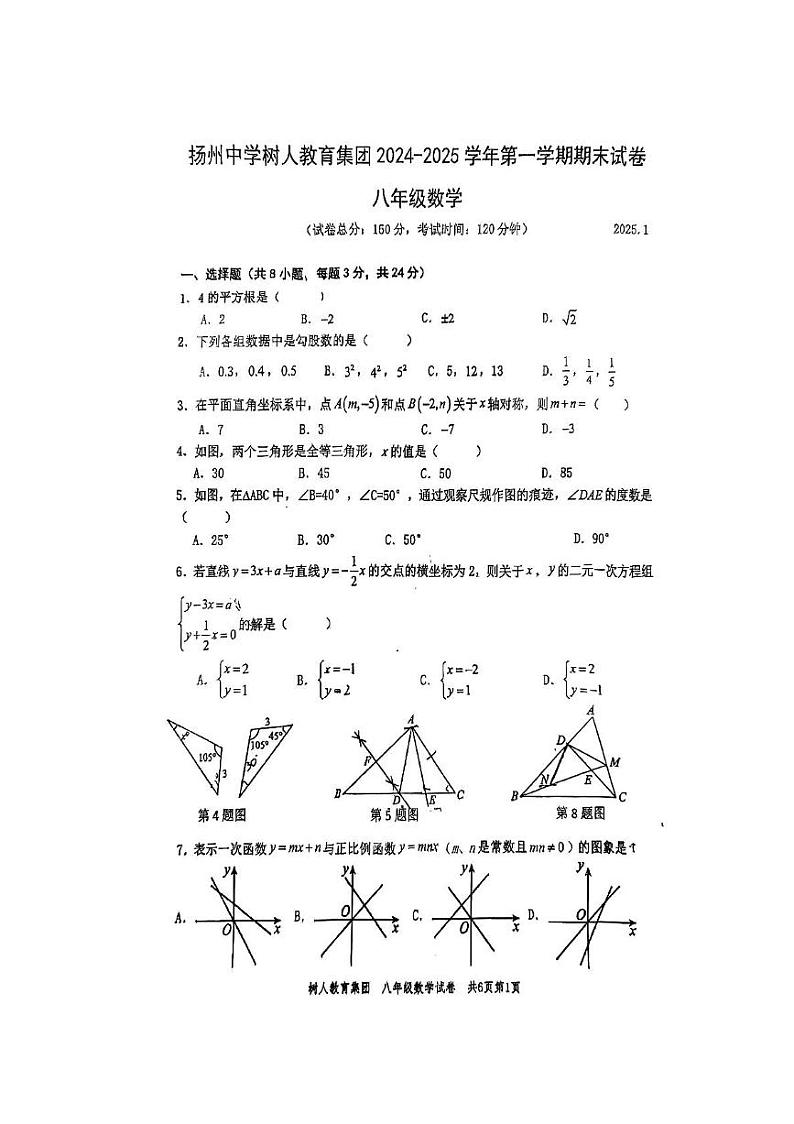 江苏省扬州中学教育集团树人学校2024-2025学年上学期八年级数学期末考试卷第1页