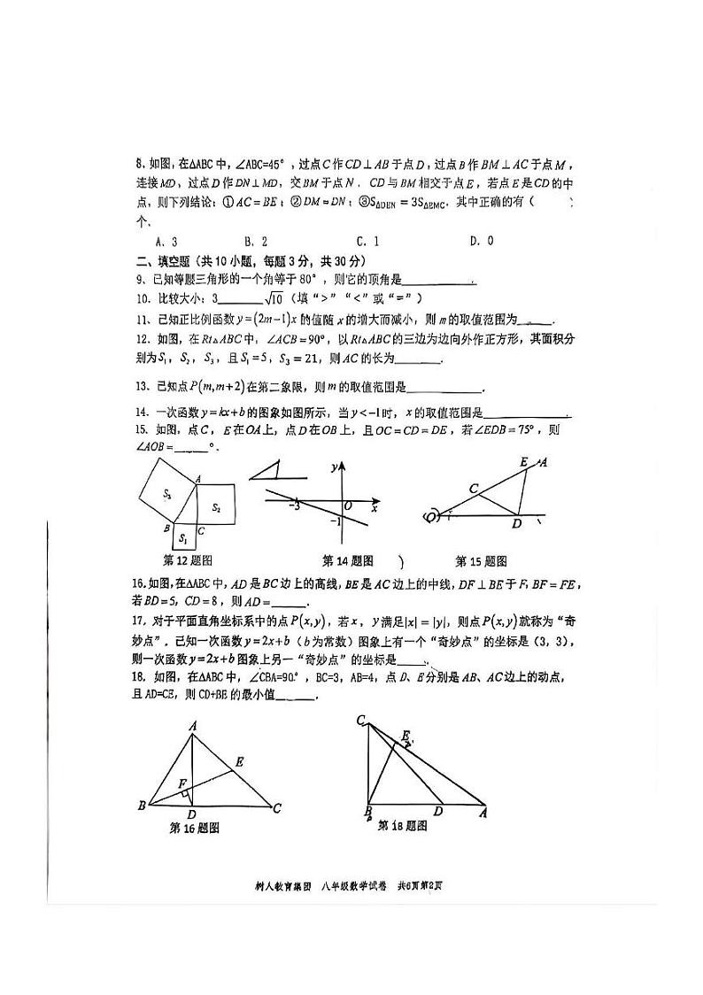 江苏省扬州中学教育集团树人学校2024-2025学年上学期八年级数学期末考试卷第2页