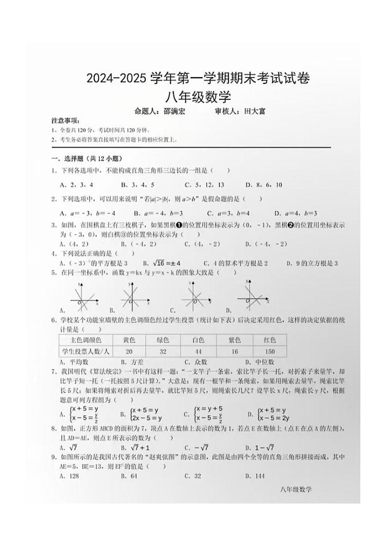 甘肃省兰州市树人中学2024-2025学年八年级上学期1月期末考试数学试卷第1页
