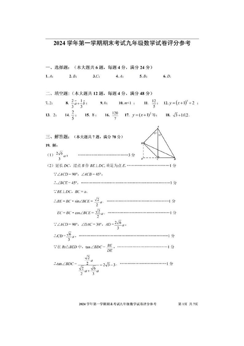 2025年上海市宝山区初三数学一模试卷答案和评分标准第1页