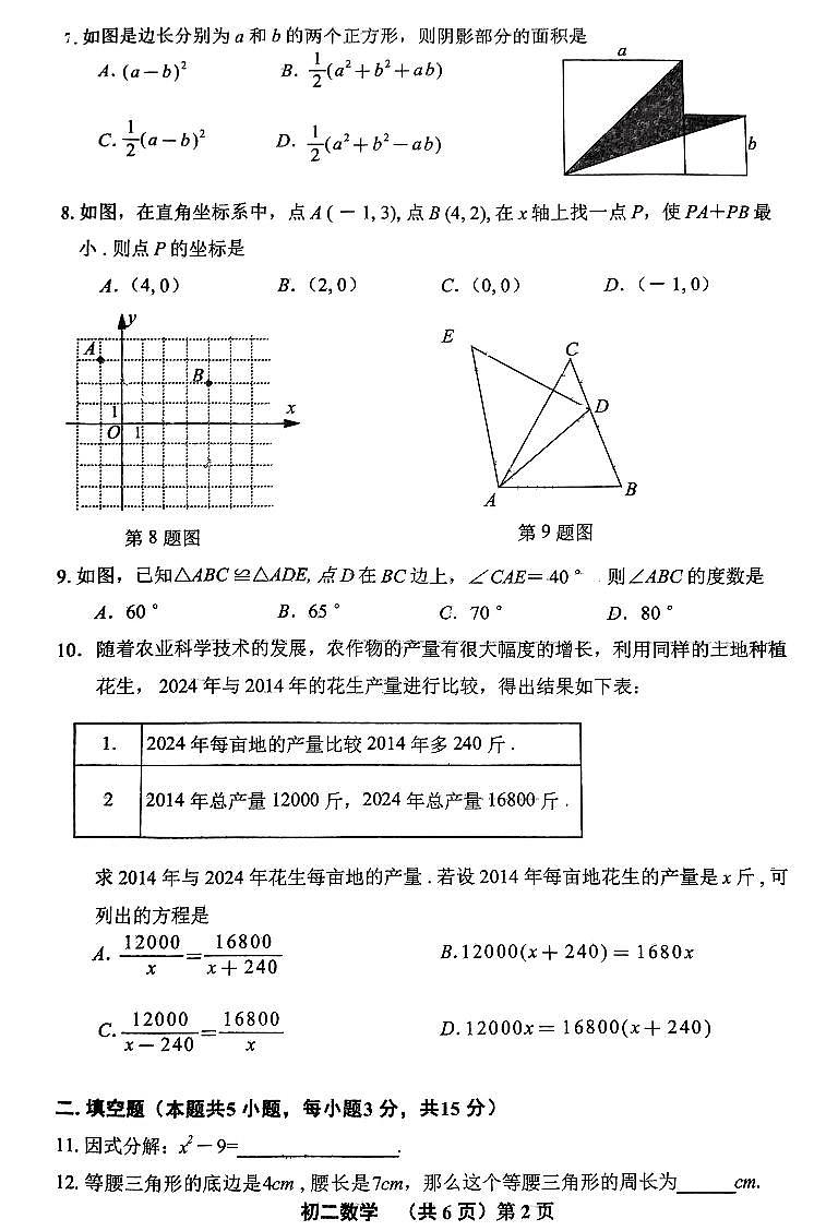 辽宁省大连市普兰店区2024-2025学年八年级上学期1月期末数学试题第2页