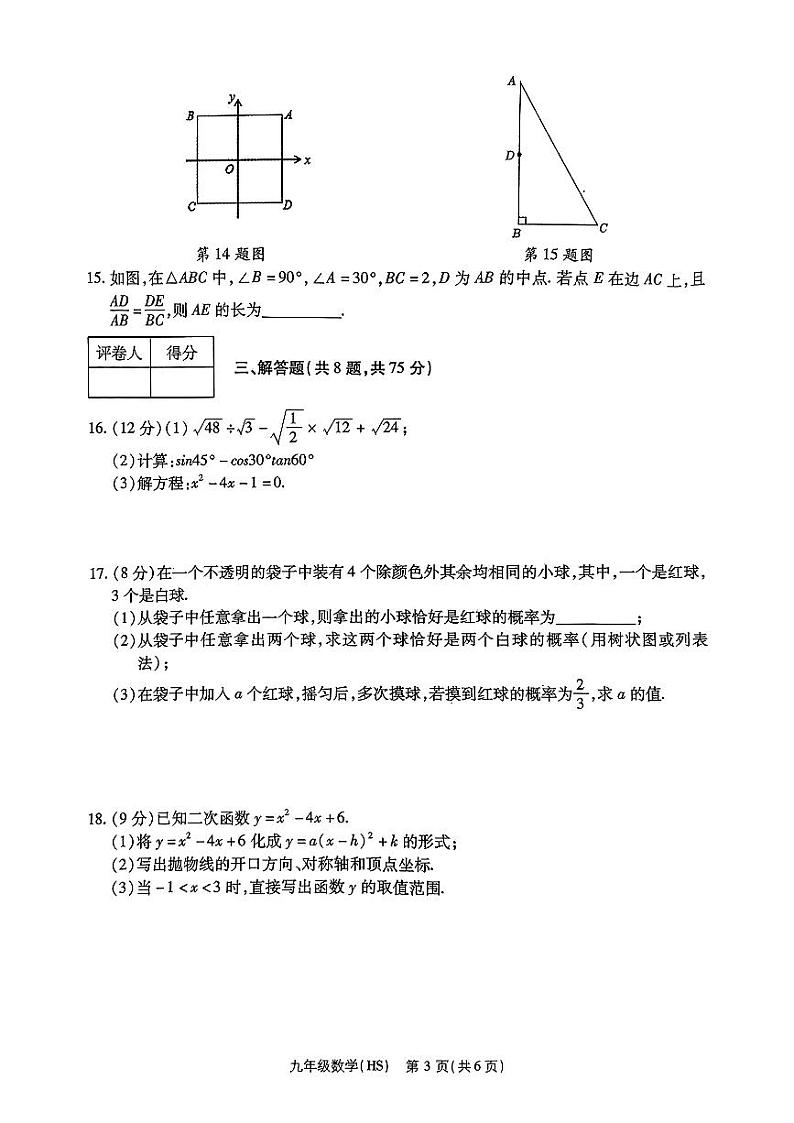 河南省南阳市新野县2024-2025学年九年级上学期1月数学期末考试题第3页